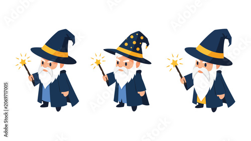 Three cartoon wizards with magic wands and pointy hats casting spells with sparkles.