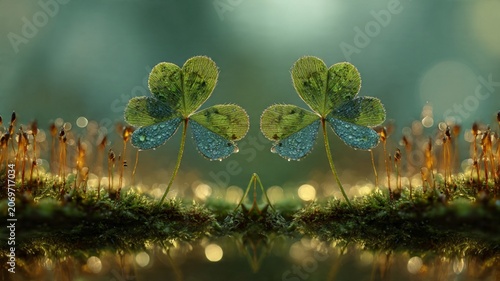 Symmetrical Macro of Two Green Clovers with Dew Drops on Moss - Cinematic Widescreen Nature Background.