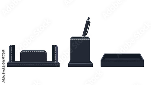 Set of three dark blue leather desk organizers for office supplies, including a pen holder, a card holder, and a tray.