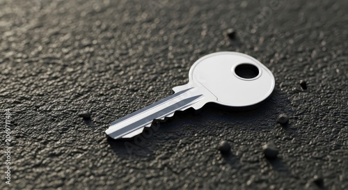 Single silver key on dark surface.