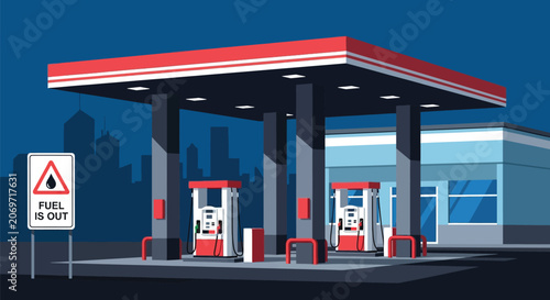 Fotografía Gas station at night with fuel is out warning sign showing empty petrol pump facility against city skyline background for energy shortage crisis concept