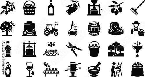 Konstfotografi Olive oil production harvesting and agriculture icon set