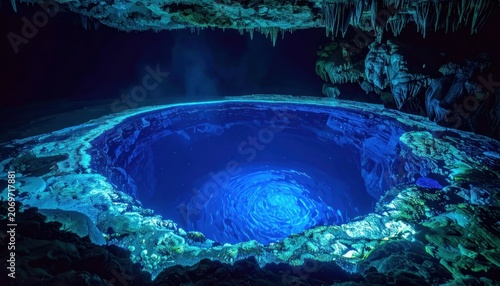 Glowing Blue Cenote Cave Pool Water.