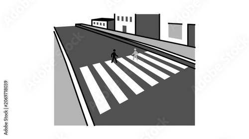 Illustration of a pedestrian crossing a street on a crosswalk.