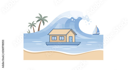 Foto A serene flat vector depiction of a traditional Kerala houseboat floating on a c