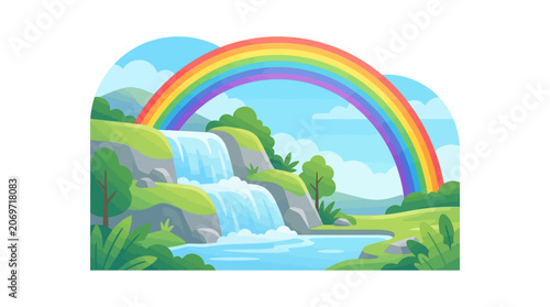 Obraz na plátne A serene landscape depicts a houseboat floating on a river with a rainbow