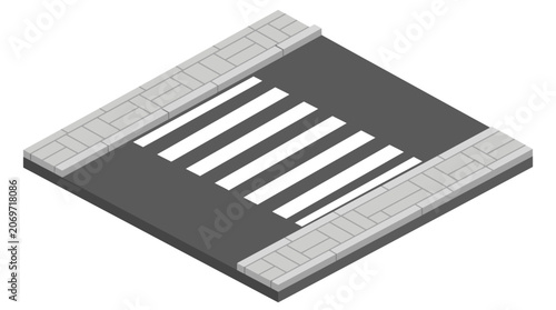 Isometric view of a pedestrian crossing on an asphalt road with curbs.
