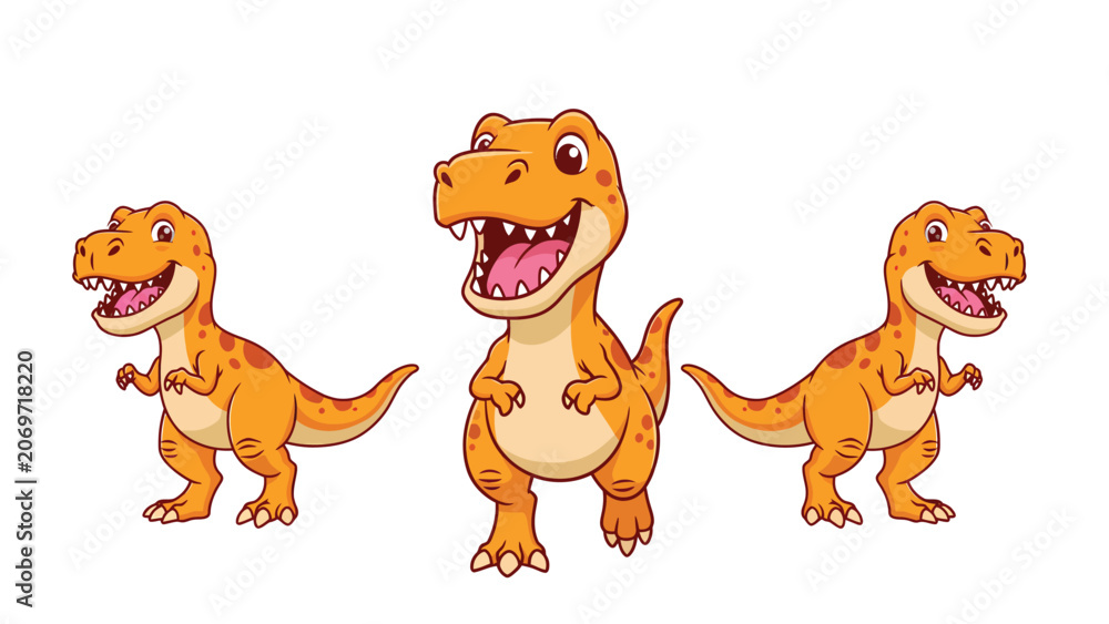 Fototapeta premium Three cheerful cartoon Tyrannosaurus Rex dinosaurs standing together on a white background.