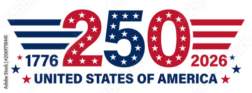 USA 250 Independence Day Text Banner Design with National Flag. United States National Holiday Celebration. Patriotic America 250 Anniversary Typography, Festive Vector Illustration