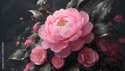 Pink rose flower in dark natural background with blurred foliage