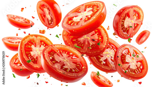 Floating, sliced red tomatoes with herbs, against a dark background