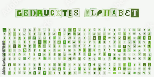 Obraz na plátně Gedrucktes Alphabet, Sammlung von Buchstaben und Zahlen in gruenen Quadraten fue