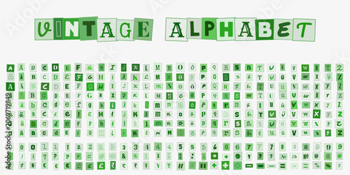 Fotografie Vintage Alphabet, gruene Buchstaben und Zahlen im Retro-Stil fuer kreative Typog
