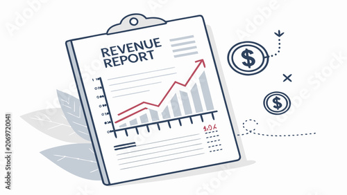 Revenue report graph on clipboard document.