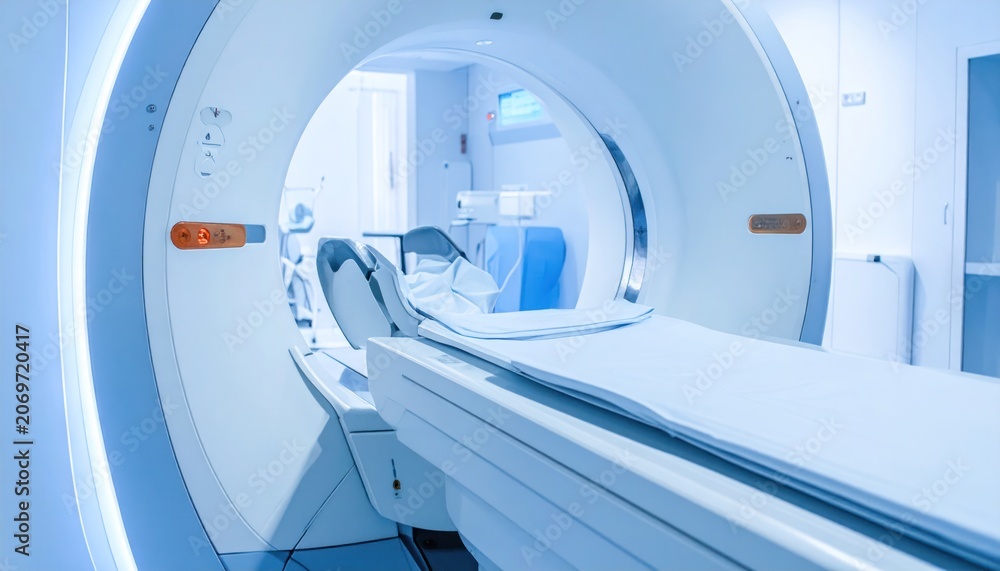 Fototapeta premium Patient lying on examination table inside advanced CT scanner machine in modern hospital room.