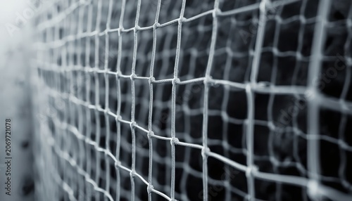 Close up view of white soccer goal netting texture against dark background with football background structure athletic competition professional activity training exercise equipment abstract