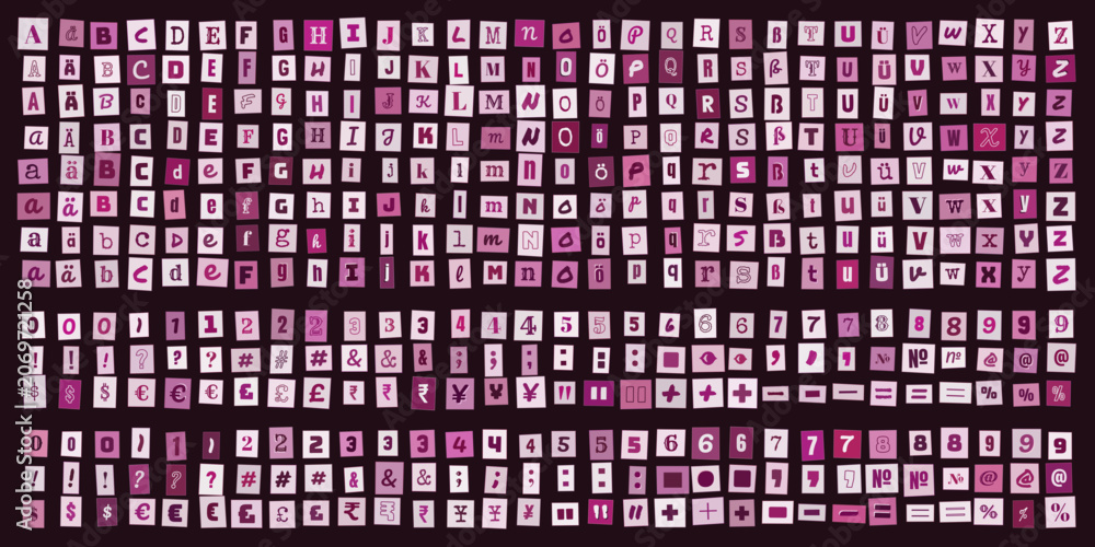 Fototapeta premium Erpresserbrief Buchstaben und Zahlen Set, ausgeschnittene Zeitungsbuchstaben fuer kreative Collagen und anonyme Nachrichten Designs