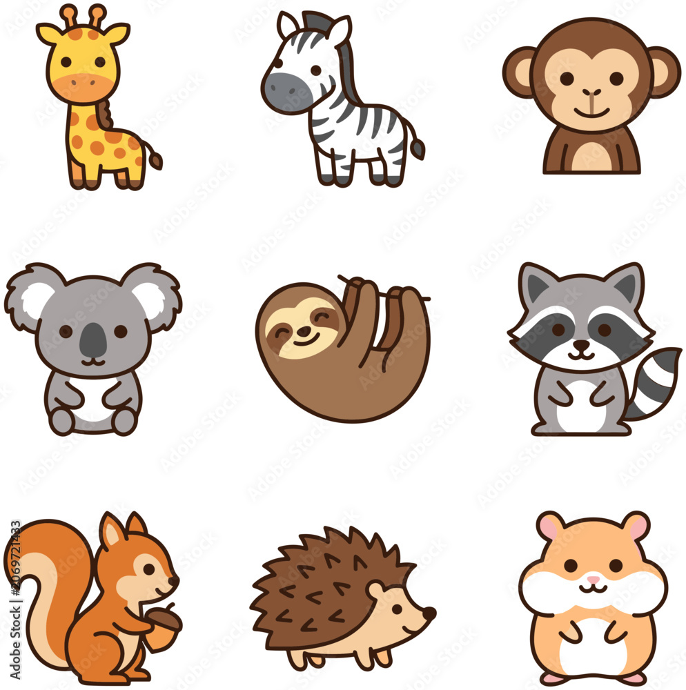 Fototapeta premium Set of Cute Kawaii Style Wild Animals Icons.