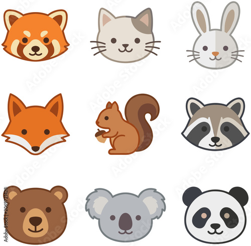 Photography Set of cute wild animal and pet head icons.