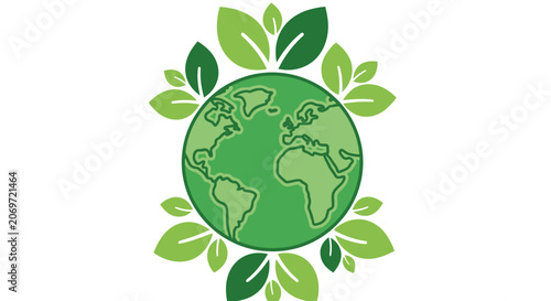 Green earth globe icon surrounded by fresh green leaves.