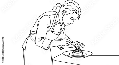 Photography Continuous line drawing of a professional chef plating food.