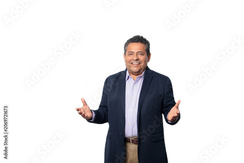 60-year-old Latino man with dark skin appears happy and at peace, enjoying a successful professional and personal life