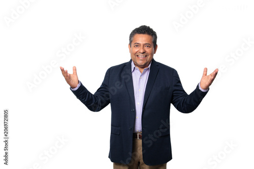 60-year-old Latino man with dark skin appears happy and at peace, enjoying a successful professional and personal life
