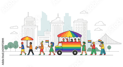 Photos Colorful Street Food Cart With Rainbow Canopy And People.