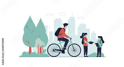 Cyclist Riding Bicycle in Urban Park Scene.