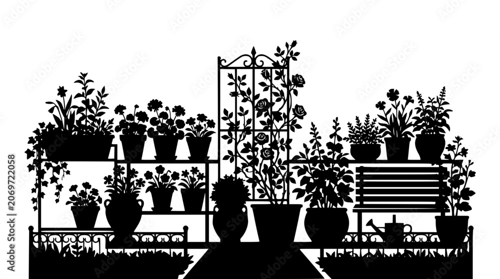 Fototapeta premium Silhouette of Garden Potted Plants and Flowers on Shelves with Bench