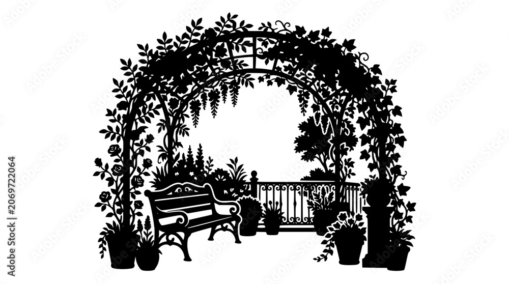 Obraz premium Silhouette of a Garden Arch with Park Bench and Potted Plants
