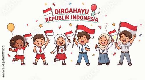 Tableau sur toile Diverse Indonesian elementary and junior high school kids waving flags for Augus