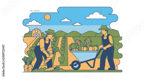 Two farmers harvesting vegetables on a farm.