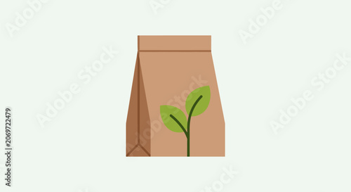 Eco friendly brown paper bag with green leaf symbol icon.