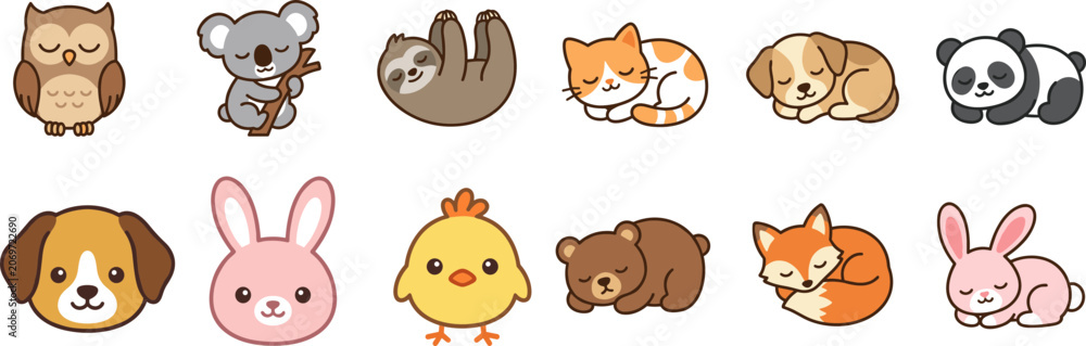 Fototapeta premium Set of cute kawaii animal stickers with various characters.