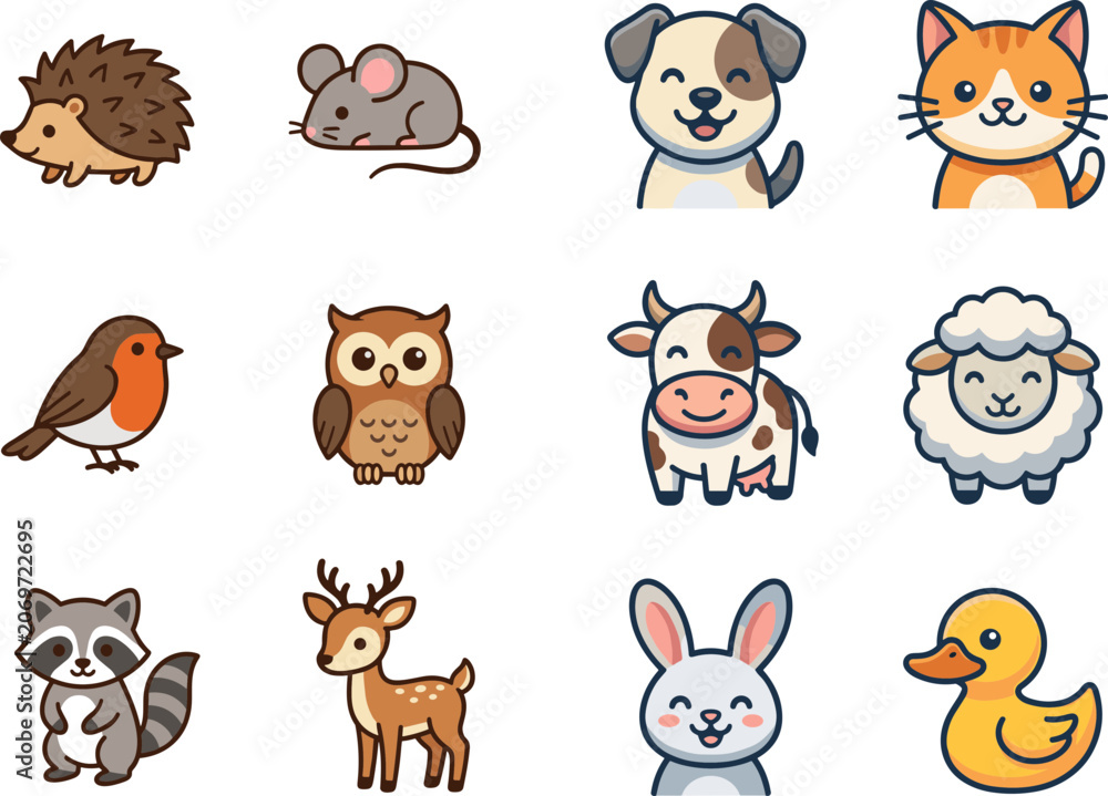 Fototapeta premium Set of cute cartoon animals and forest creatures illustrations.