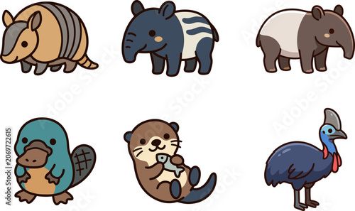 Photography Set of cute cartoon wild animals including armadillo tapir platypus otter and cassowary