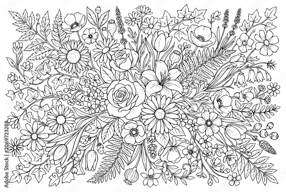 Fototapeta premium Intricate floral arrangement coloring page with various flowers and leaves