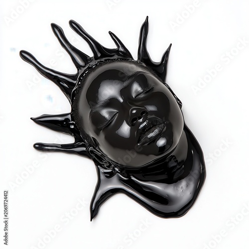 Black Drip Face Art Sculpture with Glossy Texture on White Background
