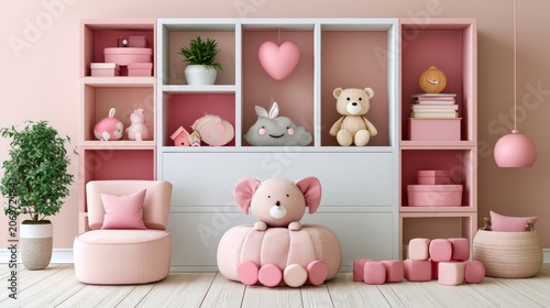 Cozy Pink Nursery Room with Custom Shelving and Adorable Plush Toys for a Dreamy Baby Space