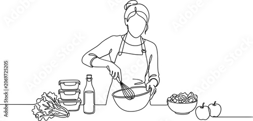 Fotografie Continuous line drawing of a woman preparing healthy food in the kitchen