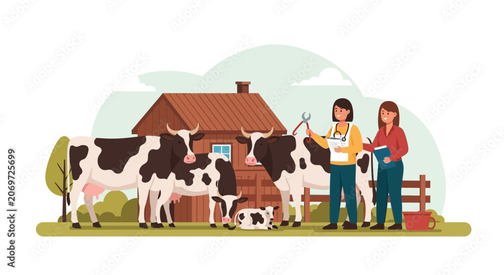 Naklejka premium Farm Women Vet Cows on Livestock Ranch with Barn and Fences