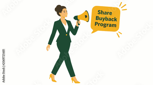 Businesswoman announcing share buyback program with megaphone.