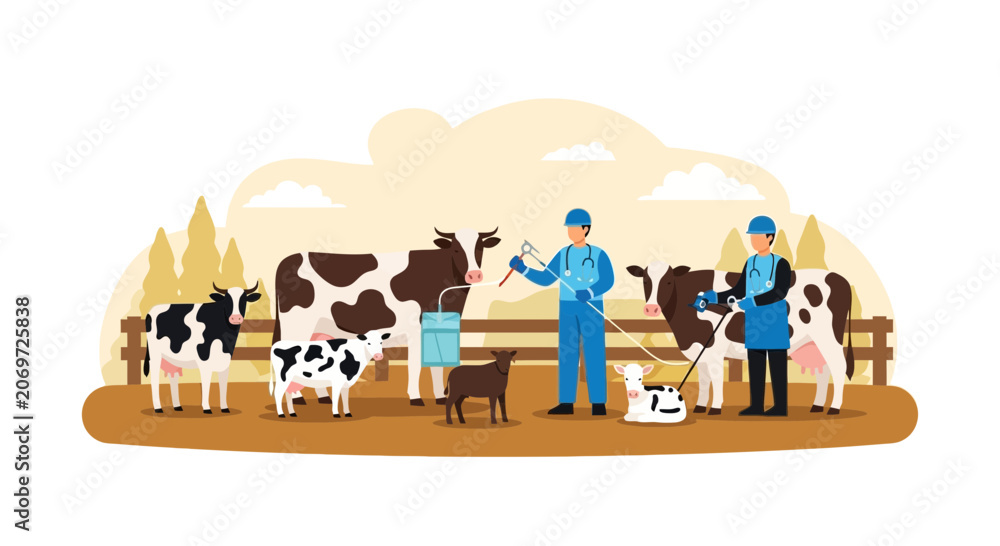 Naklejka premium Farmers Milking Cows and Caring for Livestock on a Rustic Farm