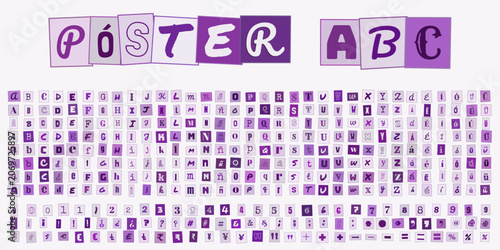 Tablou pe pânză POSTER ABC, conjunto de letras y numeros estilo collage morado para diseno grafi