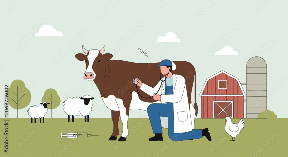Fototapeta premium Veterinarian examining a cow on a farm with sheep and chicken