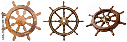 Canvastavla Three wooden ship steering wheels isolated on white background
