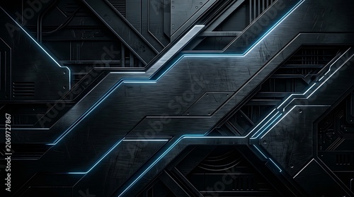 Futuristic Dark Metal Background with Blue Neon Glowing Lines