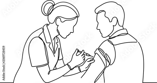 Fotografie Continuous line drawing of a nurse administering a vaccine injection to a male patient