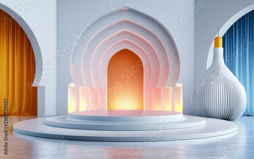 Modern Presentation Stage Design with Elegant Round Platform and Stylish Background Elements in Bright Colors
